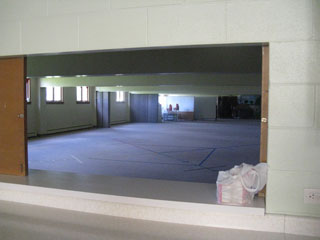 The view from the kitchen to the Sunday school rooms. This is the counter Zach climbed over.